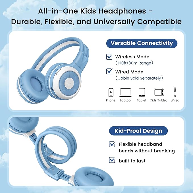 SIMOLIO Auracast Kids Headphones with Wireless Audio Sharing for Group Listening - Connect Multiple Headsets to One Bluetooth Source, Built-in Microphone, Foldable for Classroom, Trips & Home