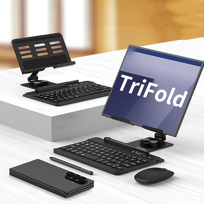 for Samsung Galaxy Z Fold 7 6 5 Trifold Stand and Keyboard, Aluminum Foldable Phone Stand Holder for Desk, 7.9 inch Mini Bluetooth Keyboard, 4 in 1 Portable Set Include Mouse and Pen