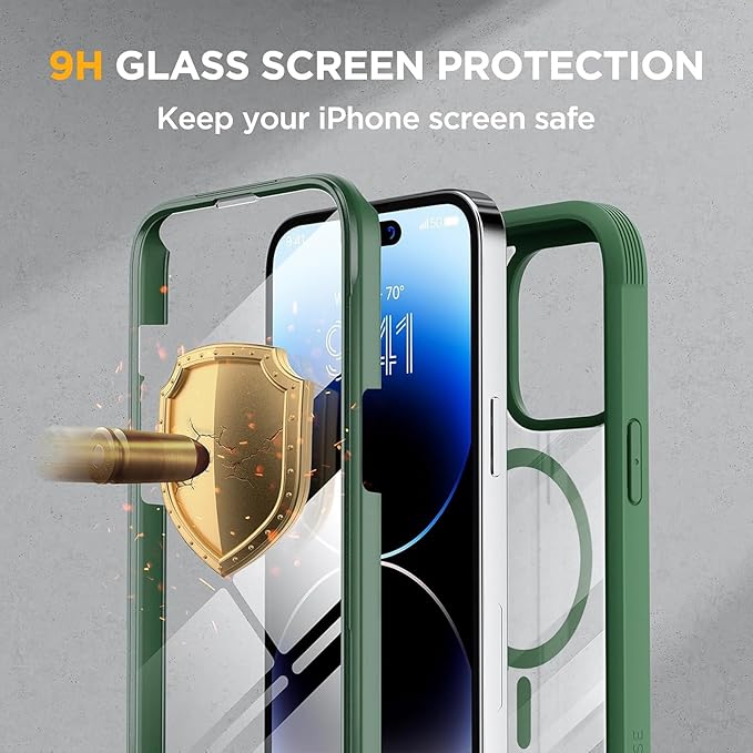 Miracase Magnetic for iPhone 14 Pro Max Case 6.7 inch, (Compatible with MagSafe) Upgrade Full-Body Clear Phone Bumper Case with Built-in 9H Tempered Glass Screen Protector, Magnetic Acacia Green