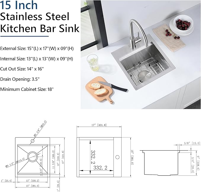 15x17 Kitchen Sink Drop In Bar Sinks 15 x 17 x 9 Inches Stainless Steel Kitchen Bar Sink, Doirteal Single Bowl Workstation Sink Prep Sinks with Accessories BL82-2