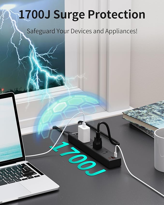 Flat Plug Power Strip, 6 Ft Ultra Thin Extension Cord, Surge Protector with 5 Outlets & 3 USB Ports (2 USB C), 1700 Joules, Wall Mount, Desktop Charging Station for Home Office Dorm, Black