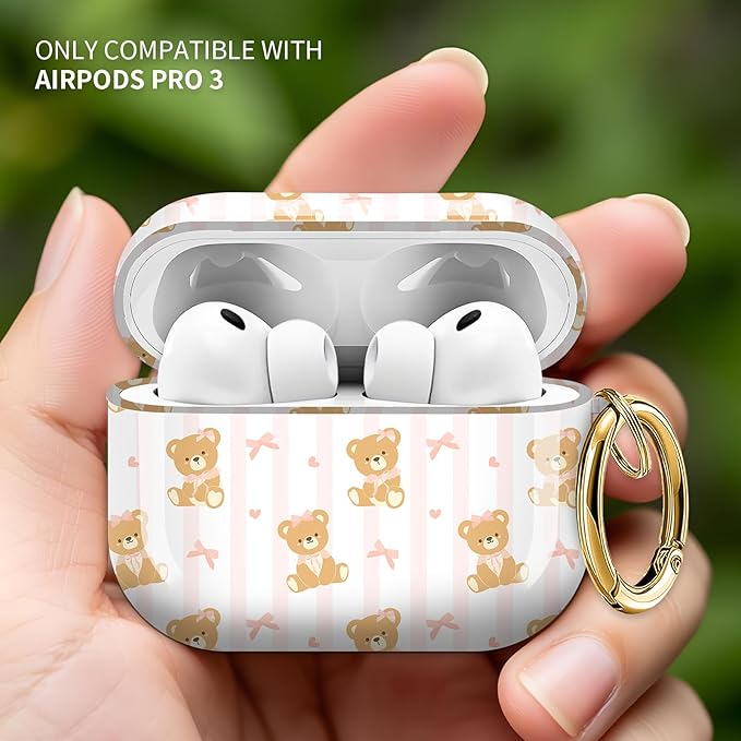 Cute Hard Case Compatible with AirPods Pro 3rd Generation Case (2025), Shockproof Protective Cover with Golden Keychain Ring Clip (Cute Bear Bow)