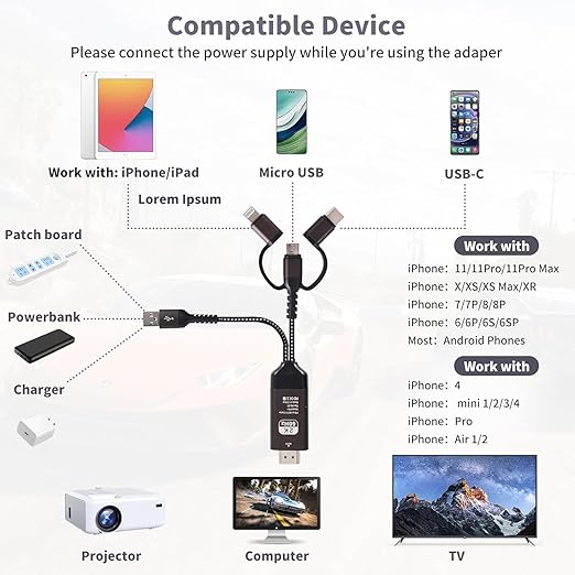 3-in-1HDMI Cable to TV Adapter 2k 60Hz 1080P Phone to TV HDTV AV Adapter for Android Phone Type C,Multi-Function,Plug & Play, HDMI Cable Compatible with Roku TV/PS5/HDTV/Blu-ray