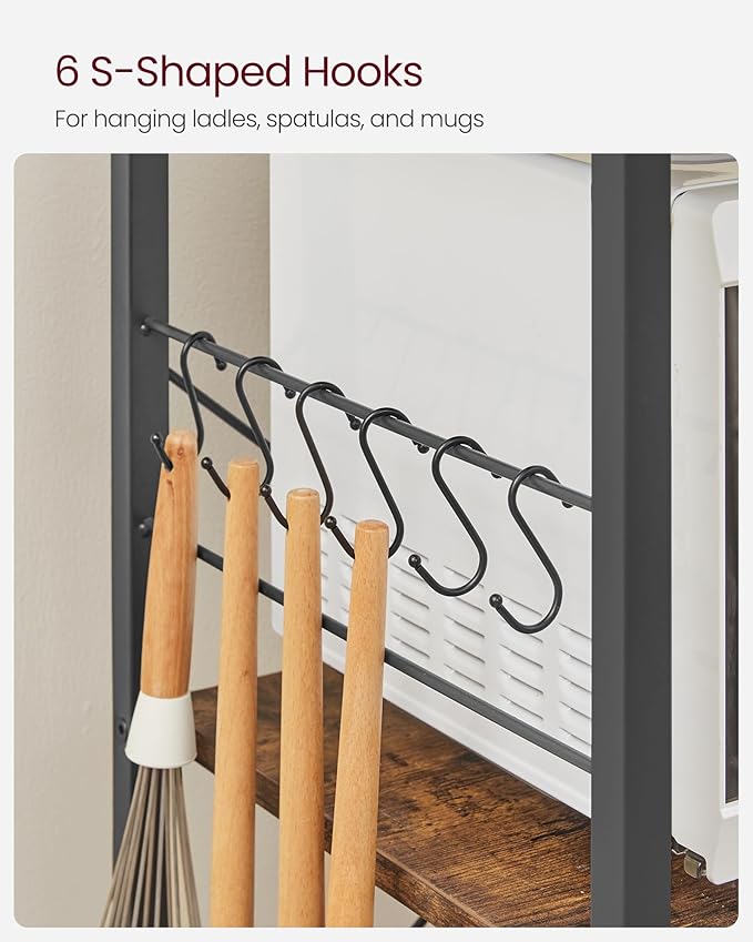 VASAGLE Baker's Rack, Microwave Stand, Kitchen Storage Rack with Wire Basket, 6 Hooks, and Shelves, for Spices, Pots, and Pans, Rustic Brown and Ink Black UKKS35X