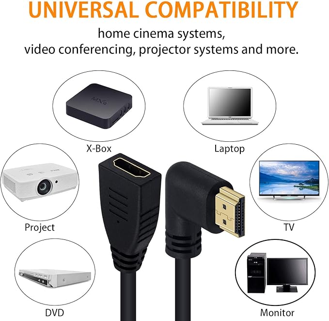 Poyiccot 8K HDMI Extension Cable, Short 90 Degree Right Angle Male to Female HDMI 2.1 Cable Adapter 48Gbps with 8K@60Hz Video & 3D HDR for TV/Xbox /PS4 /PS5 (Right M/F), 0.5feet
