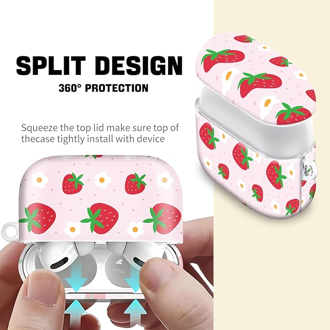 Compatible with AirPod Pro 2nd//1st Generation Case Cover with Key Chain,Full Protective Shockproof Wireless Headphone Case for Airpod Pro 2023/2022/2019(Beautiful Strawberries)