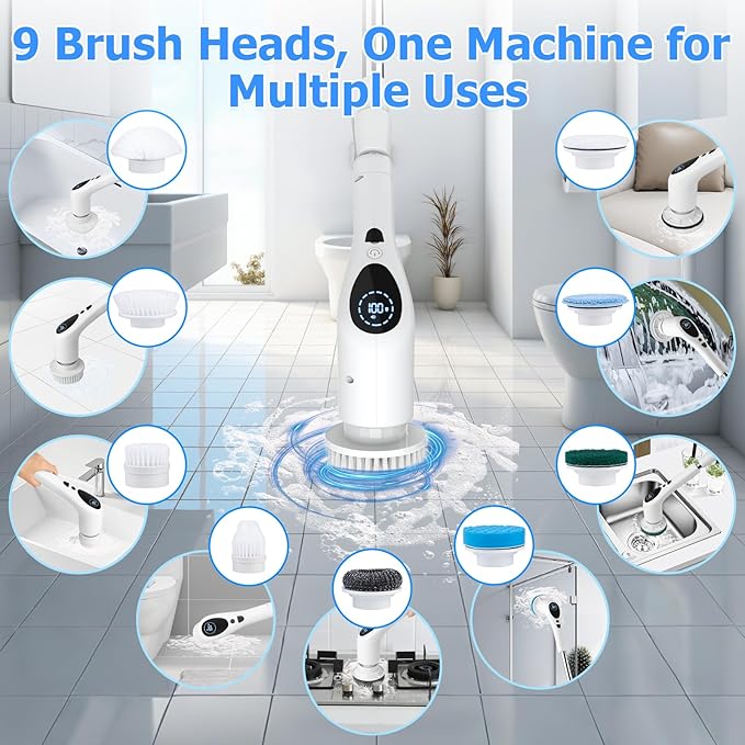 Electric Spin Scrubber, Cordless 3 Speeds Cleaning Brush 430 RPM, Adjustable/Detachable Long Handle, Shower Scrubber for Bathroom, Car, Floor, Shower Cleaning Brush with 9 Replaceable Brushes (White)