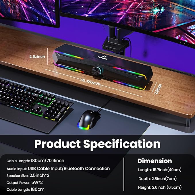 Pc Speakers Computer Sound Bar with Stereo Sound, Flowing LED & Push-Button Control Computer Speaker for Desktop Laptop Monitor, USB Input