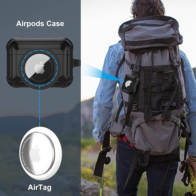 Valkit Compatible Airpods Pro 2/1 Case and AirTags Cover, 2 in 1 Rugged Protective Cases Shockproof Air Pod Pro Cases for Men Women iPod Airpods Pro 2nd/1st Generation Case and Airtag(Black)