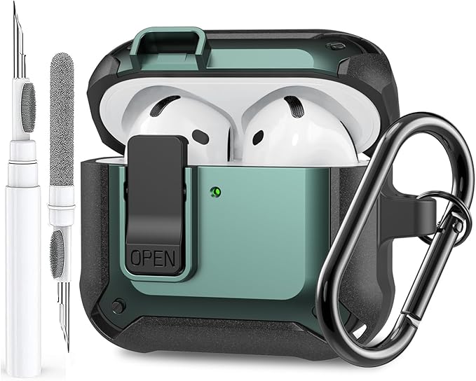 for Airpods 4 Case with Lock Clid, Rugged Apple Airpods 4th Generation Cover 2024 Men Women, Armor Shockproof iPod 4 Gen Protective Hard Shell with Carabiner&Cleaner kit,Black/Green
