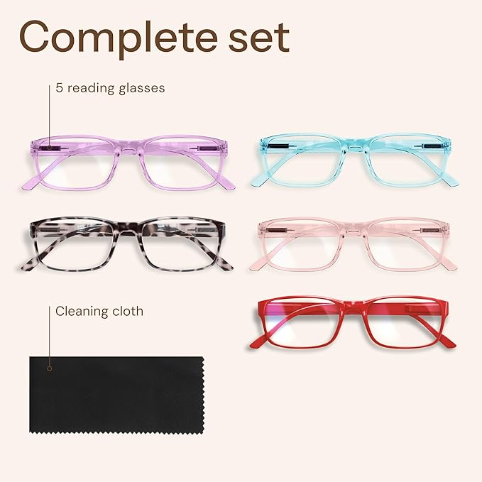 Gaoye Reading Glasses Blue Light Blocking, Spring Hinge Readers for Women Anti Glare Filter Lightweight Eyeglasses (5-Pack Mix Color 2, 2.5)
