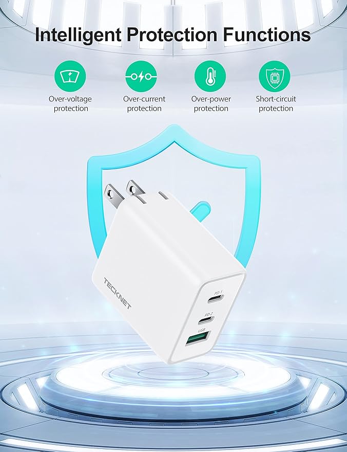 TECKNET 65W GaN Wall Charger PD 3.0 USB-C Fast Charger,3-Port Foldable Travel Adapter for iPhone 16 Pro Max/16 Pro/16 Plus/16/15/Galaxy S24/S25/MacBook Pro/Switch and More Series(White)