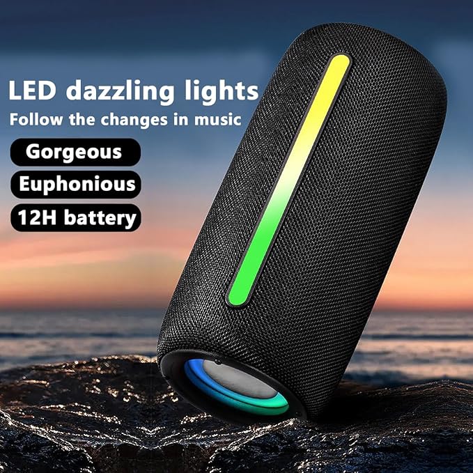 Wireless Portable Bluetooth Speaker: IPX6 Waterproof Outdoor Audio,fm Radio,USB/AUX/SD Card Play,LEDlights,TWS interconnected Stereo,Travel/Camping/Bike/Family/Party(Black)