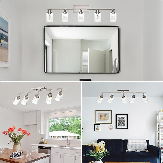 5-Light Brushed Nickel Kitchen Track Lighting Fixtures Ceiling Mount Track Lighting Kit with Bubble Seeded Glass Shade Modern Bathroom Tracking Vanity Lights Ceiling Tracking Accent Shop Light