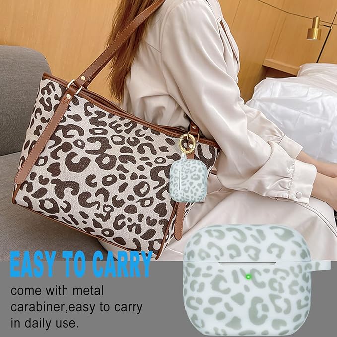 Silicone Leopard Compatible with AirPods 3 Case 2021, Gawnock Soft Case Compatible with AirPods 3rd Generation Floral Print Cover for Women Girls with Keychain (Light Green Leopard)
