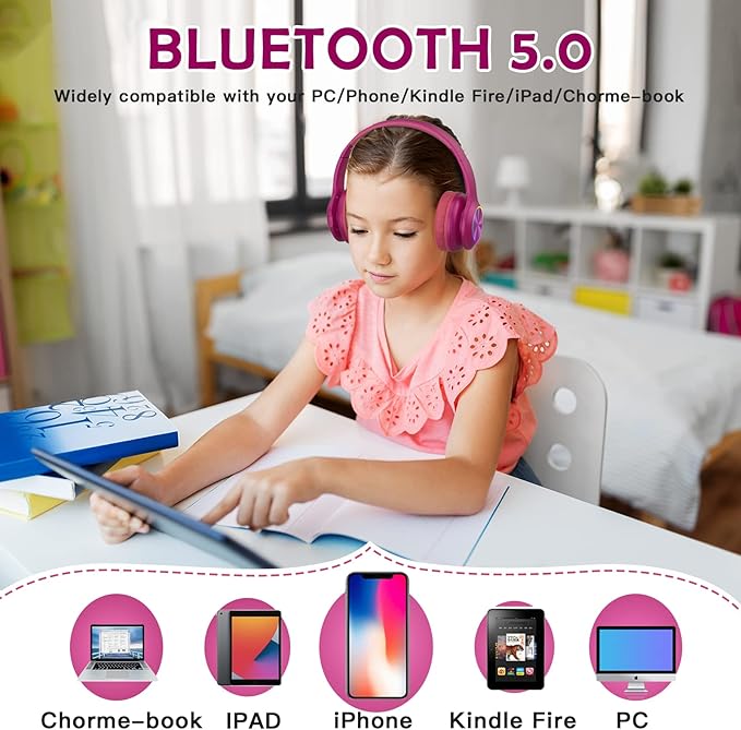 2024 Bluetooth Kids Headphones Fit for Aged 3-21, Colorful LED Lights Comfort Wireless Headphones with Microphone 94dB Volume Limited for School/iPad/PC/TV/Cellphones, Wired & TF Card Mode, Hot Red