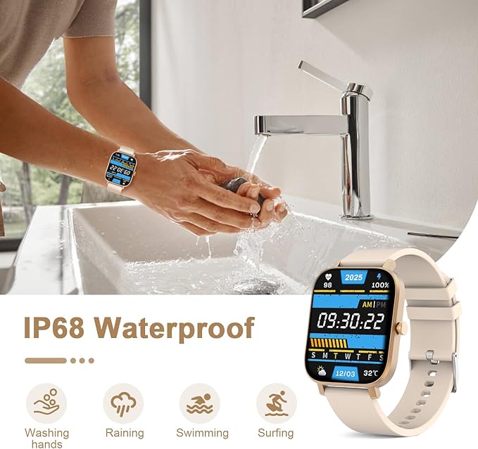 Smart Watch for Men Women Compatible with iPhone Samsung Android Phone 1.69 inch Full Touch Screen IP68 Waterproof Bluetooh Fitness Tracker Heart Rate/Sleep Monitor (Gold)