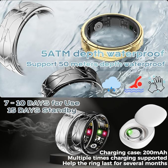 Smart Ring Fitness Tracker Sleep Tracking Heart Rate Monitor Pedometer, Waterproof Activity Tracker Fitness Ring Steps Counter, Gesture Controls for Short Video, 8 Days Last, Silver, #11