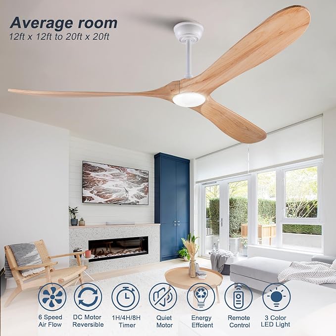 72 Inch Ceiling Fan with Lights and Remote, 3 Wood Fan Blades Ceiling Fan with Quiet Reversible DC Motor Indoor Outdoor for Patios Living Room Bedroom Study
