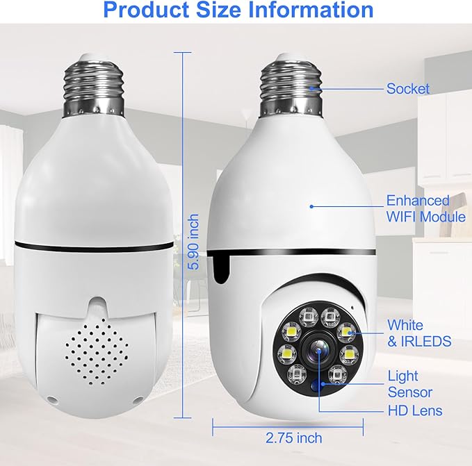 Light Bulb Security Camera,WiFi 5G 2.4GHz WiFi E27 360 Degree Light Socket Camera, Wireless with Motion Tracking Alarm, Color Night Vision,Two-Way Audio