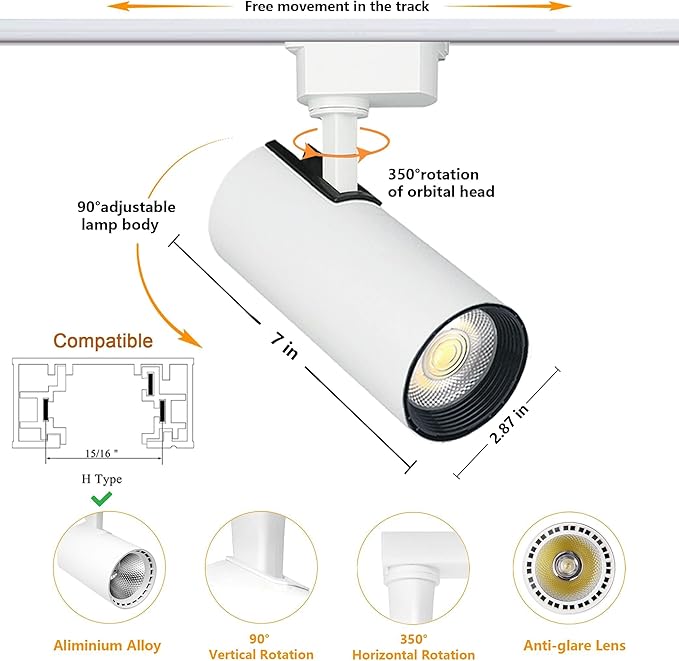 White Track Light Heads,6pcs 4000K Natural Light Adjustable Angle Track Lights,Extra Large Size High Brightness, 40W 3200lm H Track Light Heads, Suitable for H-Type 3-Wire Track Rails
