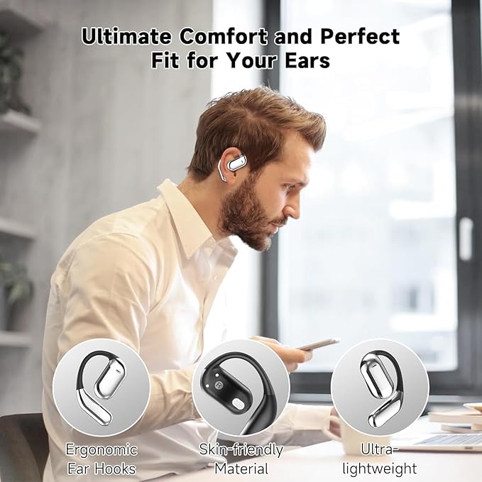 Open Ear Bluetooth 5.4 Headphones with Intelligent Touch Screen Ear Hooks IPX7 Waterproof Bone Conduction Earbuds for Running Fitness Sport Grey