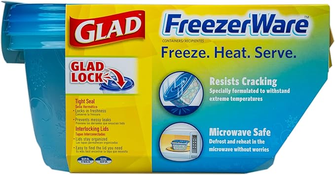 Glad GladWare Freezerware Food Storage Containers - Large Rectangle - Meal Container Holds up to 64 Ounces of Food - Lock Tight Seal, 2 Count