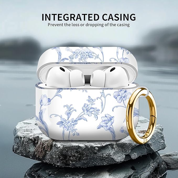 Compatible with AirPod Pro 3 (2025),Cute Case Cover for Women & Men, Full Protection Shockproof Hard Case with Keychain, Wireless Charging Case Accessories(Blue Flowers)