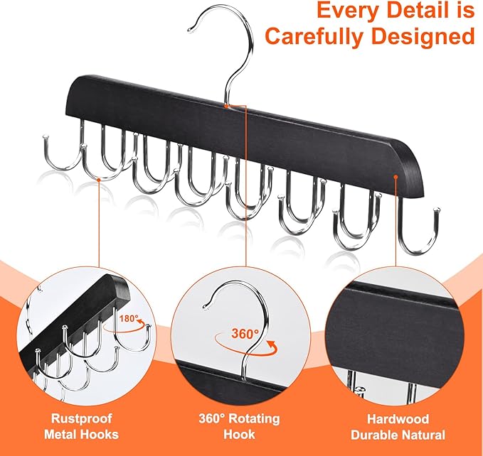 2 Pack Bra and Tank Top Closet Organizer Hangers, Foldable Wooden Space-Saving Hanger with 14 Hooks, Bra Hangers for Closet Organizer,Premium Closet Organizers and Storage for Dorm & Apartment (Black)