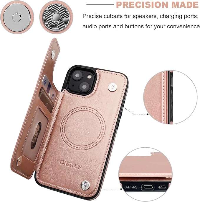 ONETOP Compatible with Magsafe for iPhone 13 Wallet Case with Card Holder, PU Leather Kickstand RFID Blocking Case, Double Magnetic Clasp and Durable Shockproof Cover 6.1 Inch (Rose Gold)
