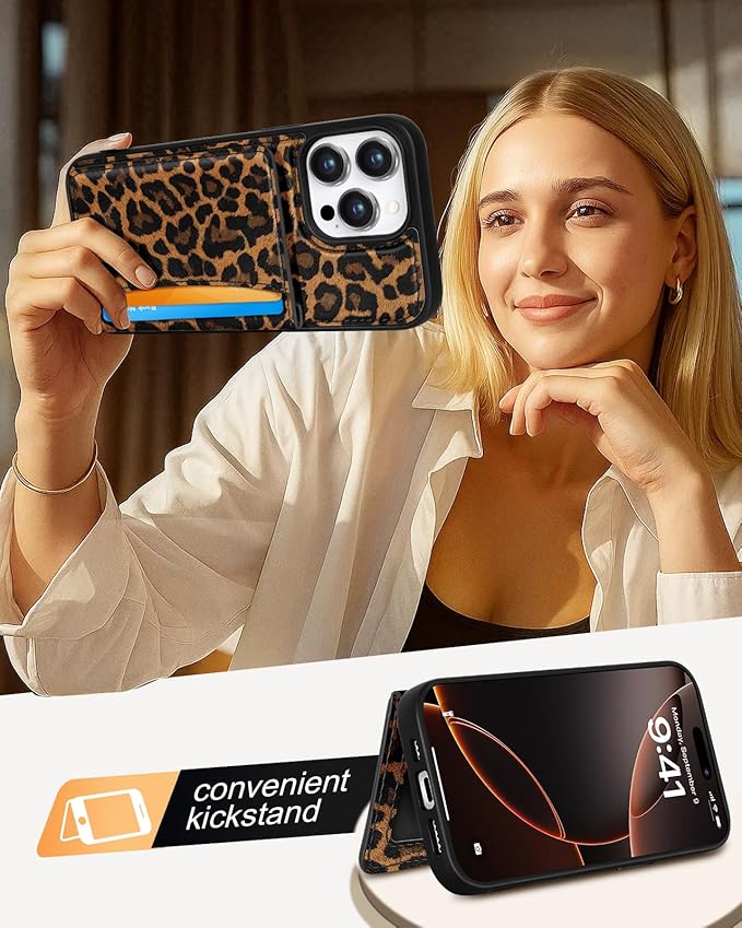 for iPhone 13 Pro Max Case with Wallet - Fits 4 Card Slots, Compatible with MagSafe for Women Aesthetic Durable PU Leather Credit Card Holder Kickstand Phone Cover for Apple 13 Promax, Leopard
