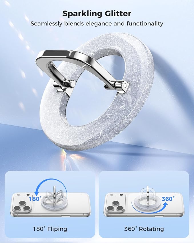 SUPERONE for Magsafe Ring Holder, Magnetic Phone Grip with Adjustable Stand, Removable Magnetic Accessories, iPhone 12/13/14/15/16/17 Series & Magsafe Case - Glitter Silver