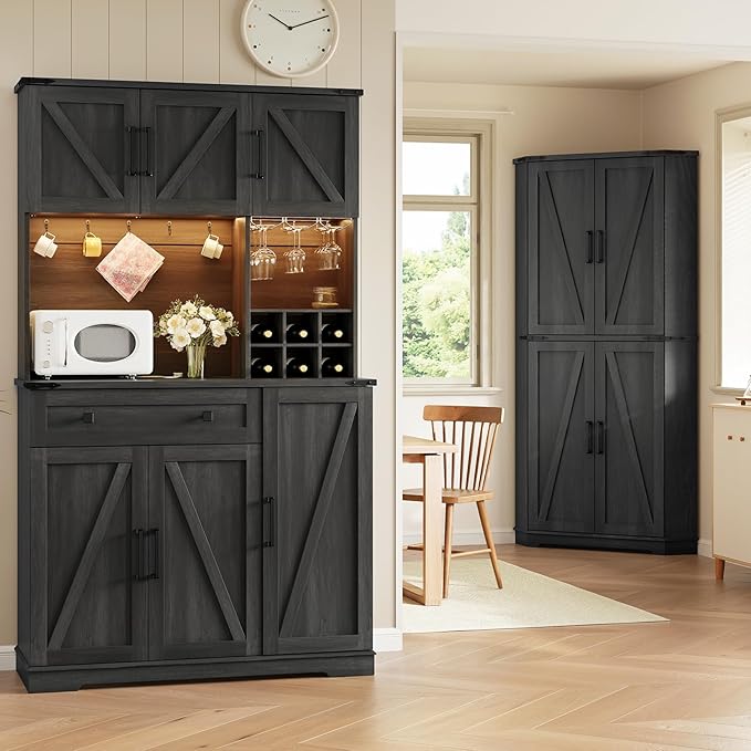 Dripex 71" Pantry Cabinet with Charging Station, Farmhouse Kitchen Pantry Storage Cabinet with Outlet & LED Light, Microwave Stand, Tall Kitchen Hutch with Storage for Living Room, Dining Room, Black