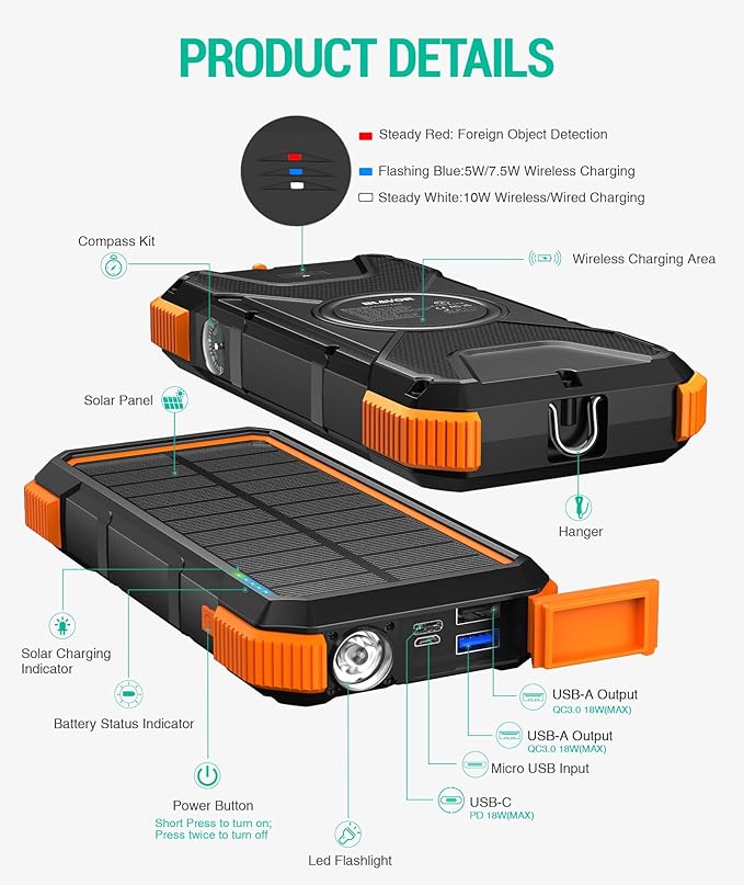 BLAVOR Solar Power Bank, 20000mAh Wireless Portable Phone Charger with USB-C in/Output, IPX5 Waterproof, Flashlight, Fast Charging Battery Pack for iPhone 17/16/15/14/13/12 and All Phones