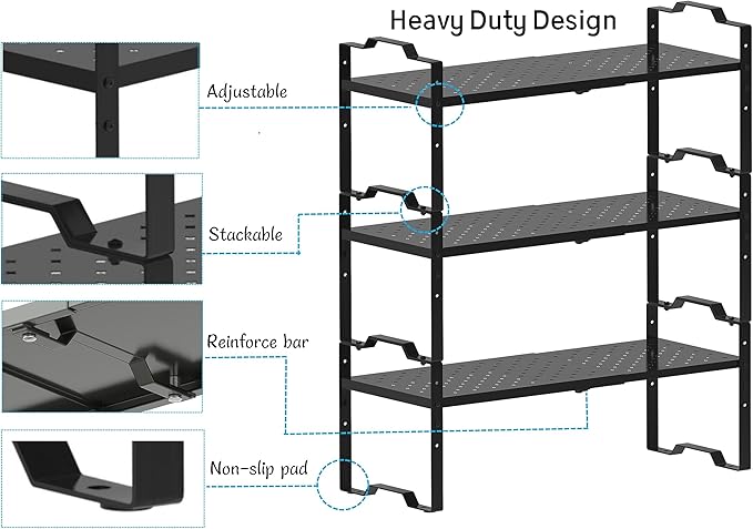 Expandable Shelf Cabinet Organizer Adjustable Stackable Spice Rack at Kitchen Bathroom More, Countertop Cupboard Organization Pantry Storage,Metal Plate with Hole (3 Packs/Black, L)