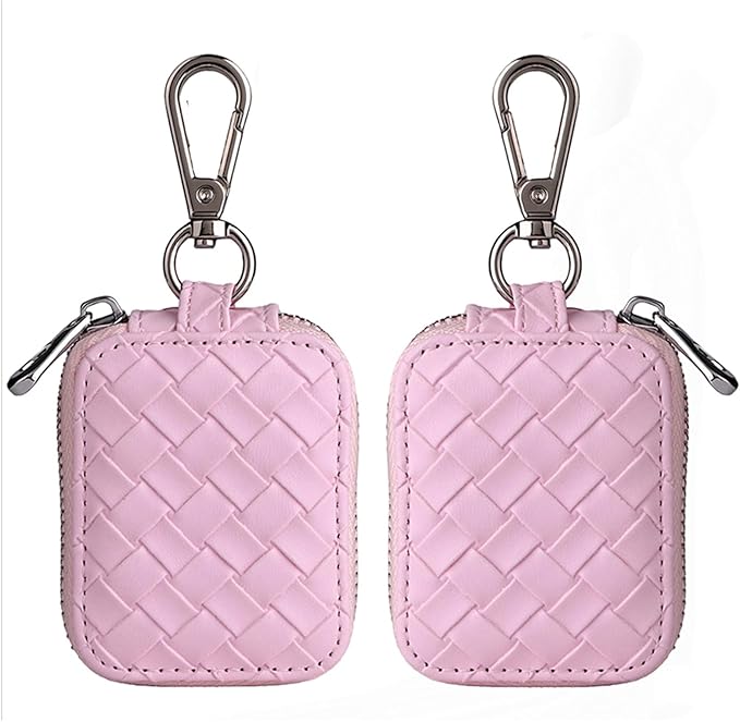 Earbud Case, Headphone Storage Case for AirPods 4/1/2/3/Pro 2, Leather Plaid Zipper Carrying Pouch Earbuds Bag with Keychain for Wireless Earphones, Wired Headphone & USB Cable Lattice Pink