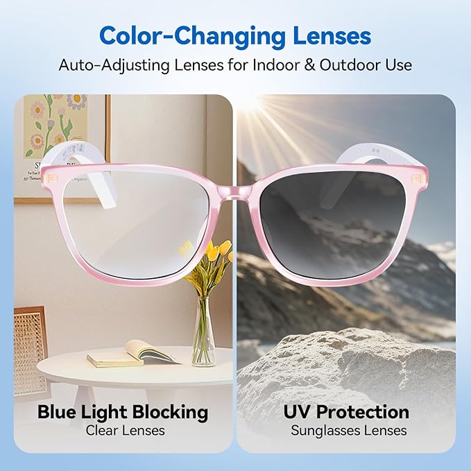 AI Smart Glasses for Men & Women – Powered by ChatGPT, Real-Time Translation, Bluetooth Glasses with Photochromic Lens, Music & Hands-Free Calling, UV & Blue Light Protection, Thin Temples