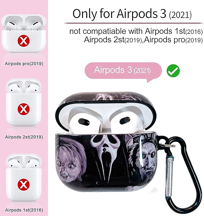 Cool Scream Pattern 3rd Generation Case 2021 with Durable IMD Printing Technology and PET Layer,with Horror Keychain Clip Carabiner and Lanyard,Designed for Those who Like Thrilling Horror Themes