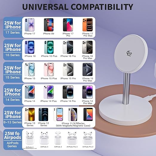 Magnetic Wireless Charging iPhone Stand,Qi2.2 Certified 25W Fast Mag-Safe Charging Stand Station Apple Magnet Wireless Charger with Plug for iPhone 17/17 Pro/Air/16/15/14/13/12 Series,AirPods Pro 3/4