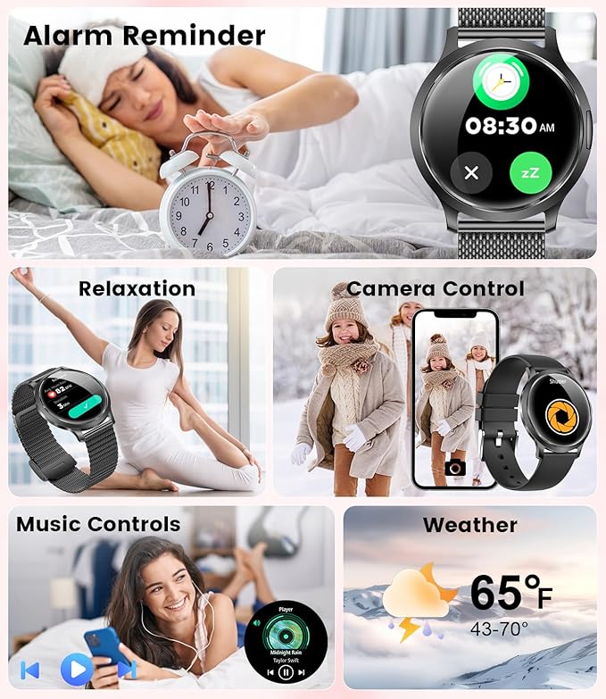DREMAC Smart Watch(Make Call/Thin),1.32'' Amoled Curved Display for Android iPhone,Smart Watches for Women with Heart Rate Monitor,Sleep Monitor,Pedometer,IP68 Waterproof Fitness Tracker,Black Metal