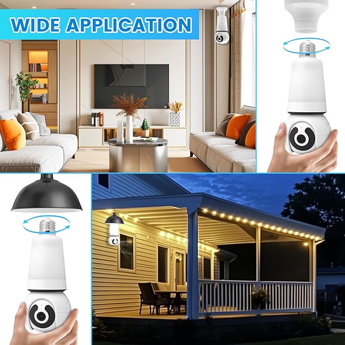 Security Camera, 2K/3MP Outdoor Camera 2.4G Hz E27 Camera for Home Security, 24/7 Recording, Motion Detection and Alarm (A)