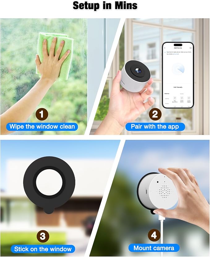 2K Window Camera for Home Security with Full Color Night Vision, 2.4GHz WiFi Indoor Security Cameras, Human & Motion Detection, 24/7 Monitoring, 2-Way Talk, Easy Install