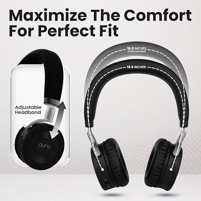 Puro Sound Labs JuniorJam Plus Volume-Limiting Wireless Bluetooth Headphones for Kids, Secure Audio with Adjustable On-Ear Design, 22-Hour Battery Life, Ideal for Tablets, Smartphones & PCs - Black