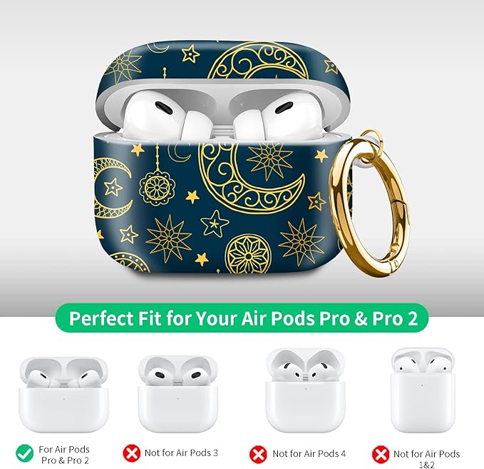 Compatible with Airpod pro 2nd/1st Generation Case Cover with Gold Round Keychain Cute Pattern Hard & Anti Slip Cover for Men Women & Girls(Abstract Moon)