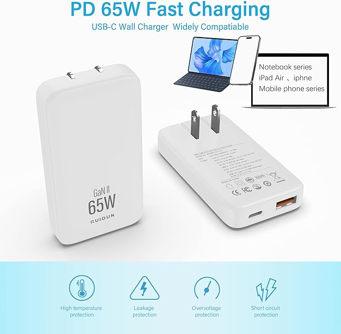 65W GaN USB C Charger,2 Port Flat USB Wall Charger,flodable Plug for Travel, with PD3.0&PPS for MacBook,Laptops,Tablets,for iPhone,iPad Pro,S22,XPS