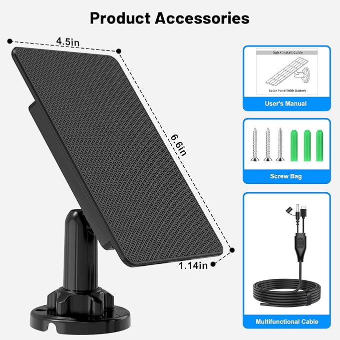 Solar Panel for Trail Cameras, Built-in 5000mAh Large-Capacity Rechargeable Battery Trail Camera Solar Panel, Solar Battery Charger Kit with Type C/5V DC/6V Output, Suitable for Most Trail Cameras