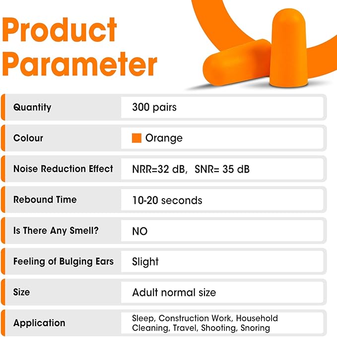 AZEN 300 Pairs Ear Plugs, NRR 32dB Soft Foam Ear Plugs for Sleeping Noise Cancelling, Earplugs for Concerts Shooting Swimming Noise Reduction,Individually Wrapped (Orange)