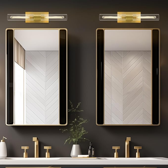 Brass Bathroom Vanity Light, 2-Light Bathroom Wall Sconce Over Mirror, 22.8" Gold Vanity Light for Bathroom, Dimmable Vanity Sconce with Glass Tube, Bathroom Linear Sconce for vertical and horizontal