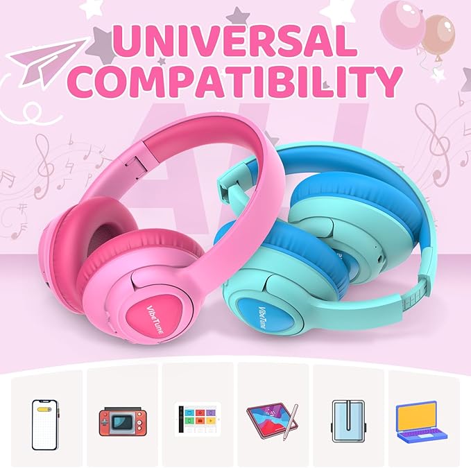VibeTune Kids Bluetooth Headphones, 60H Playtime, Volume Limited 85/94dB, Bluetooth 5.4, Type-C Fast Charging, Foldable Wireless Headphones for Kids, Toddler Headsets with HD Mic-Pink