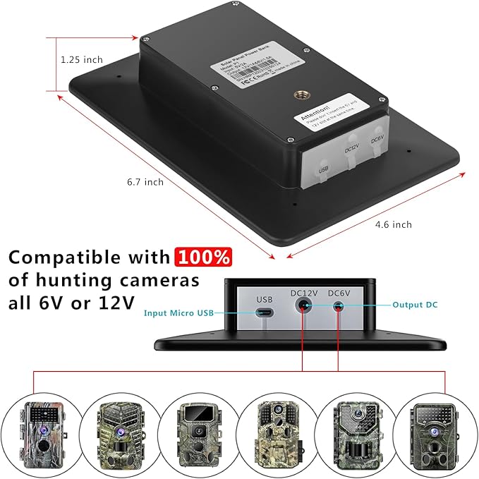 LIYVZ Trail Camera Solar Panel with Bulit-in 5000mAh Battery 2 Pack, 3W Solar Panel for Trail Camera IP66 Waterproof Multi Interfaces with DC 6V & DC 12V Output, 360° Adjustable